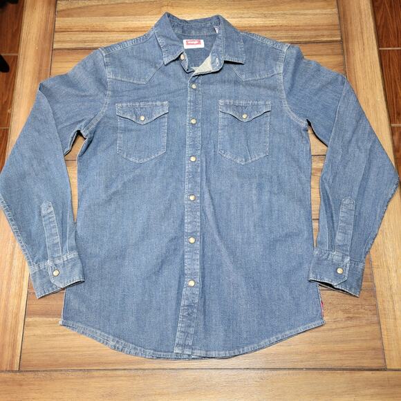 Wrangler Blue Denim LS Pearl Snap Western Shirt - Size Medium - Picture 1 of 7